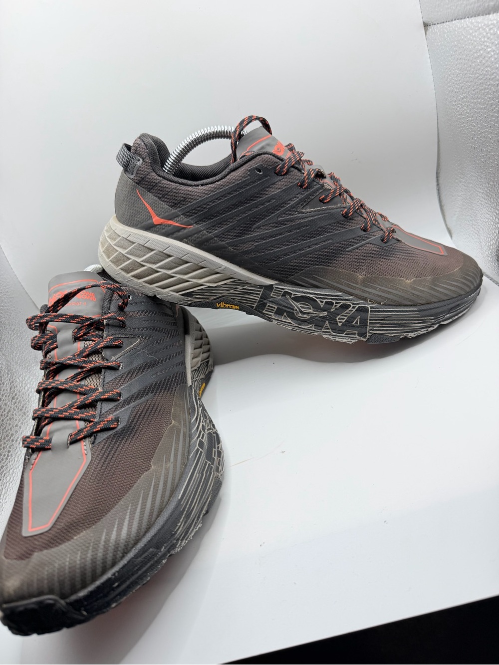 Hoka Trail Running Shoes — Charcoal with Coral Highlights
